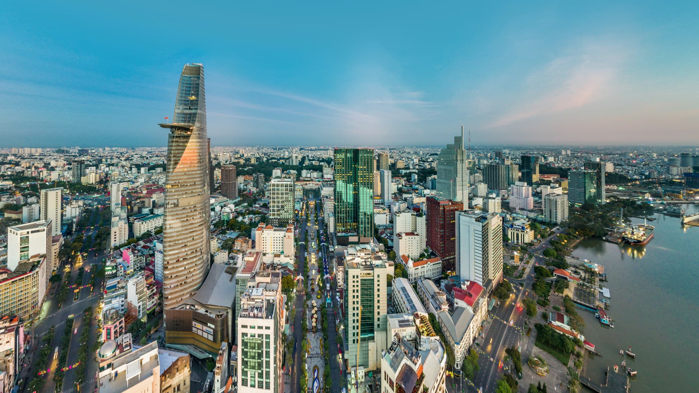 Aerial view of central Ho Chi Minh City beside the Saigon River
