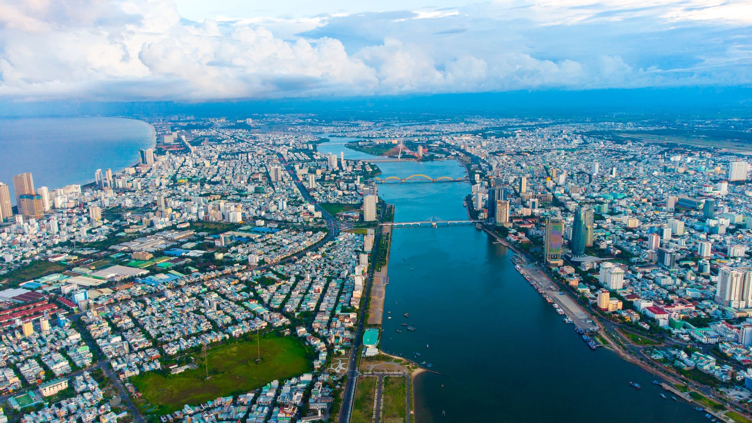 Da Nang city and bridges stretching across the Han River in Vietnam