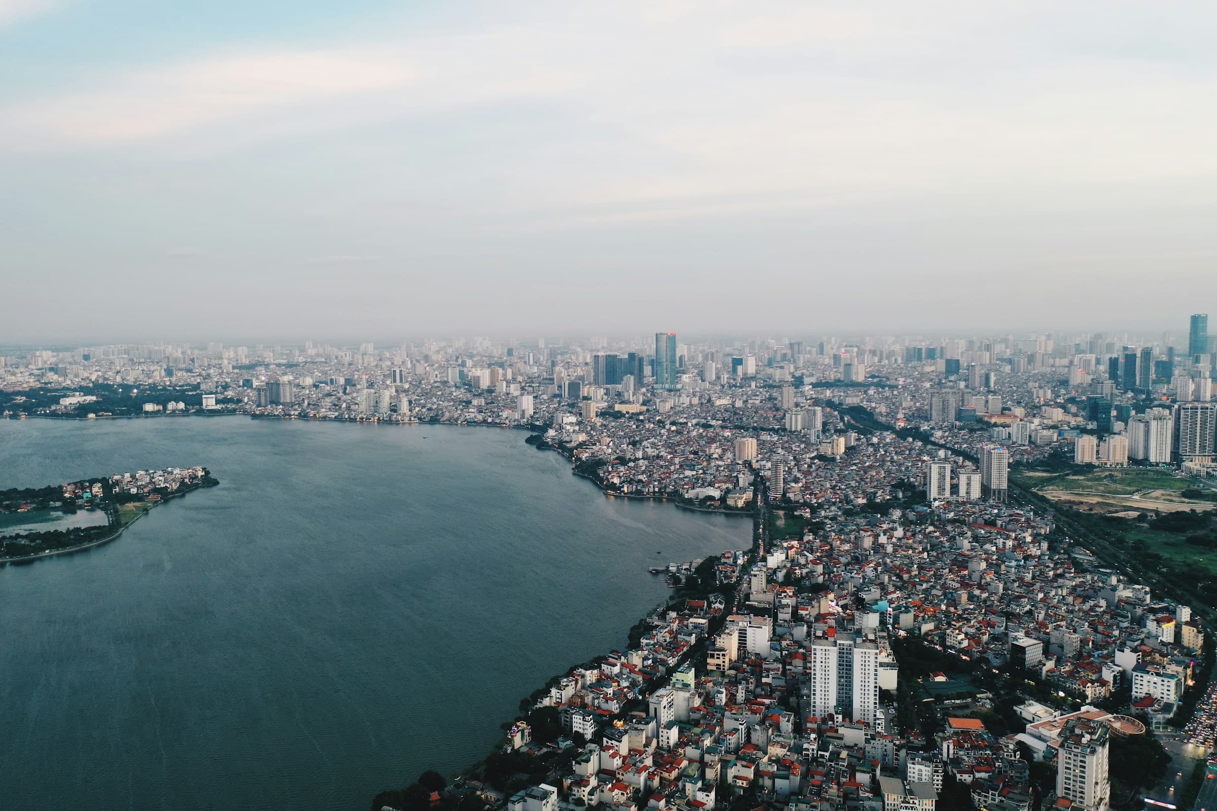 Hanoi cityscape extending around West Lake in Vietnam